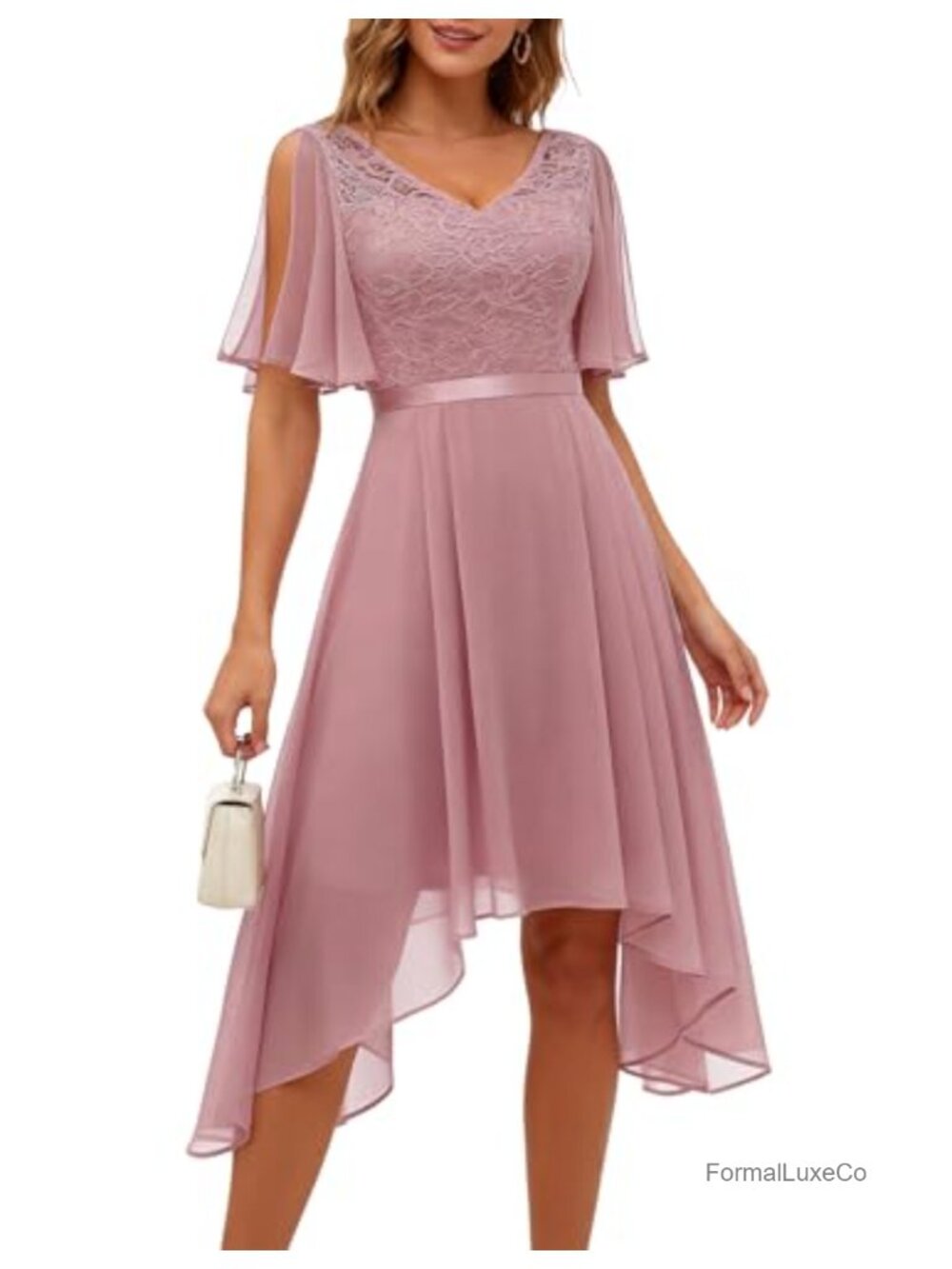 Elegant Lace Chiffon High-Low Formal Cocktail Dress